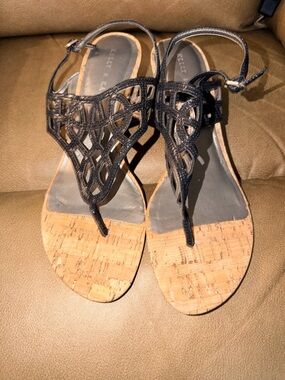 Kelly & Katie Black Cutout Cork-Top Thong Wedge Sandals